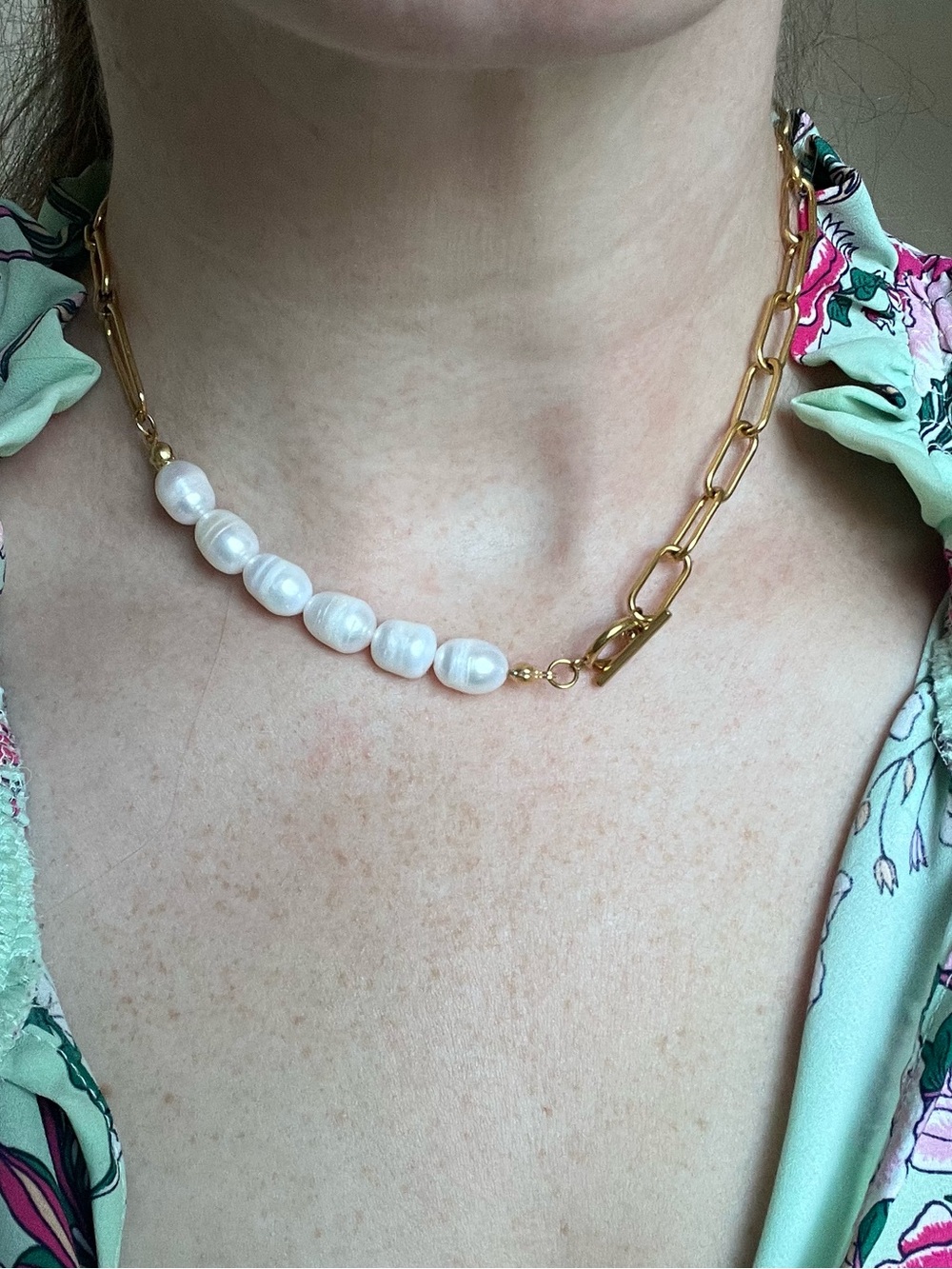 Gold & White fresh water Pearl Asymmetric Chain Necklace